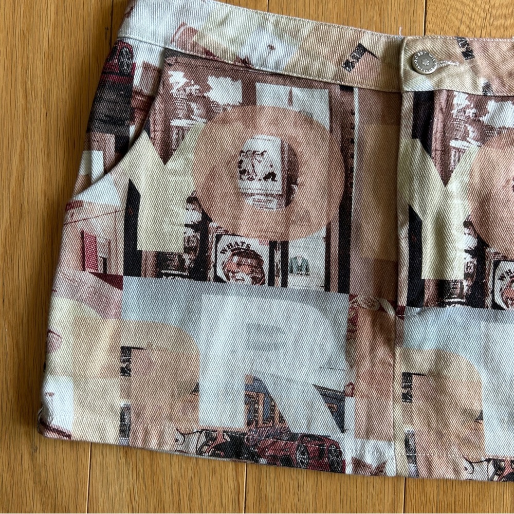 Peppermayo Y2K Denim Graphic Mini Skirt Brown Cream Tan Letters Race Cars US 4 - Picture 3 of 7